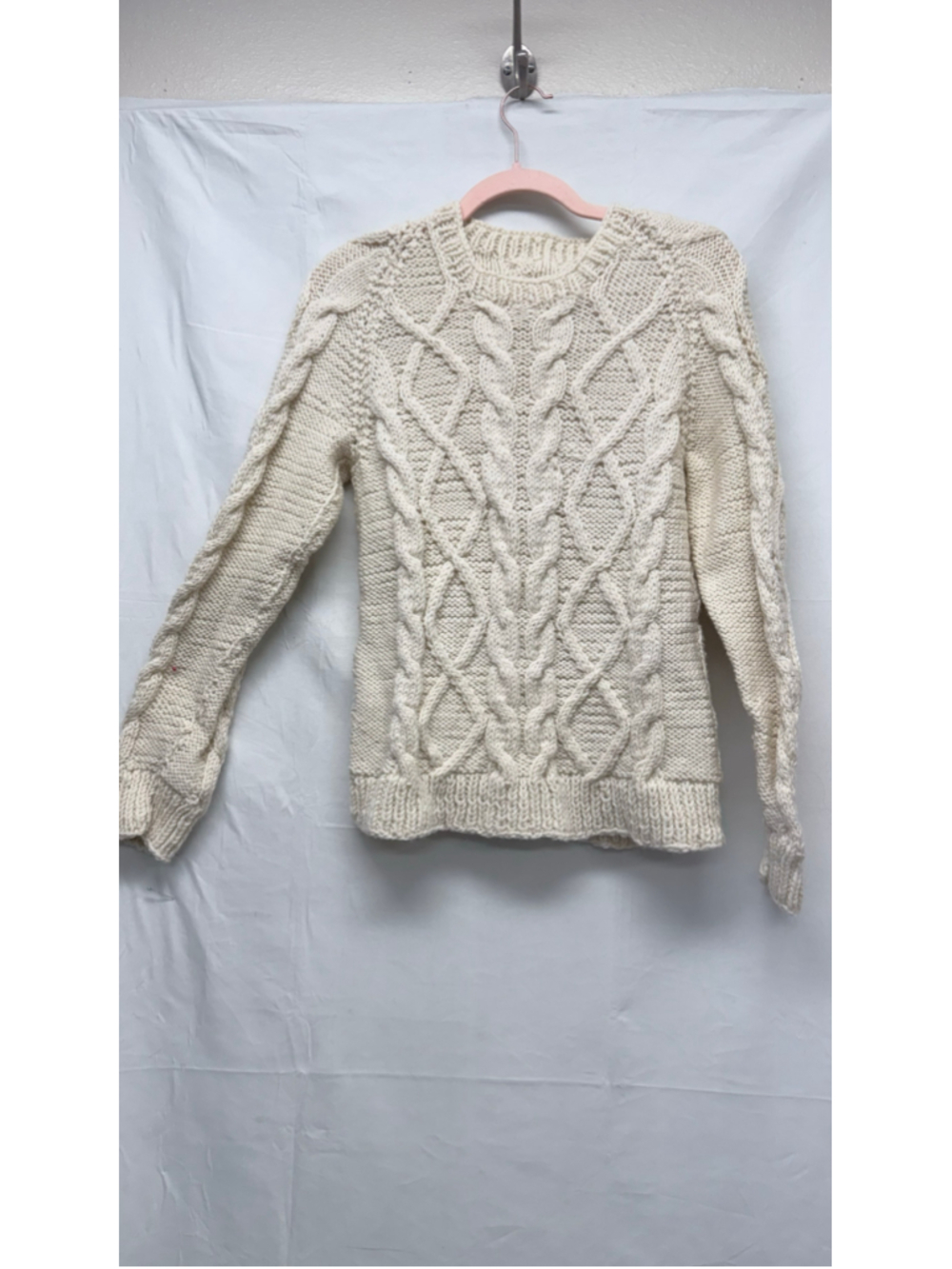 Women's Handmade Wool Cable Knit Crew Neck Sweater Cream Size M